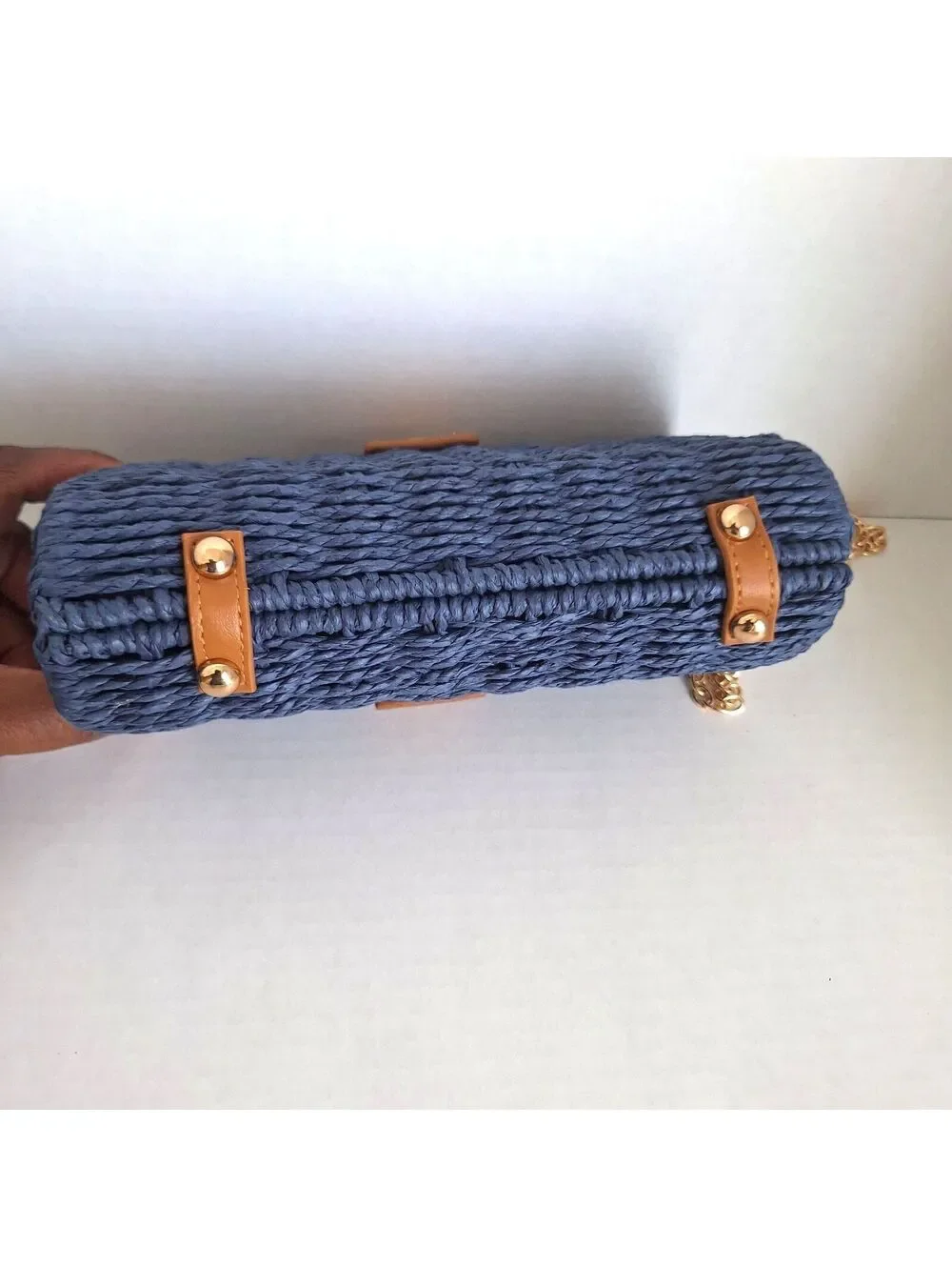NWOT Shiraleah Blue Wicker Clutch Crossbody Blue Leather Gold Chain